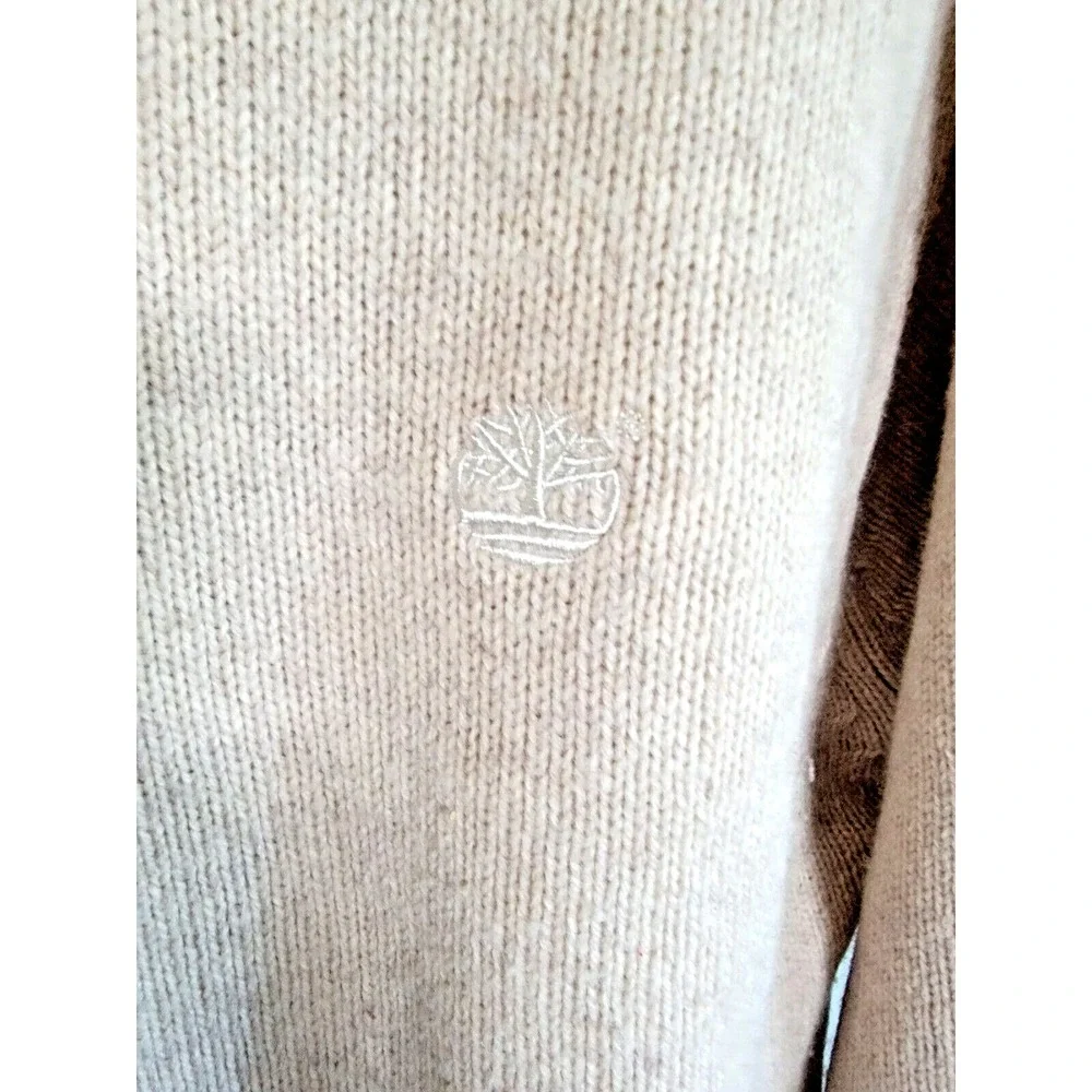 Timberland Mens L V-Neck Y2K Vintage Lambswool Sweater Beige Tan Large Logo‎